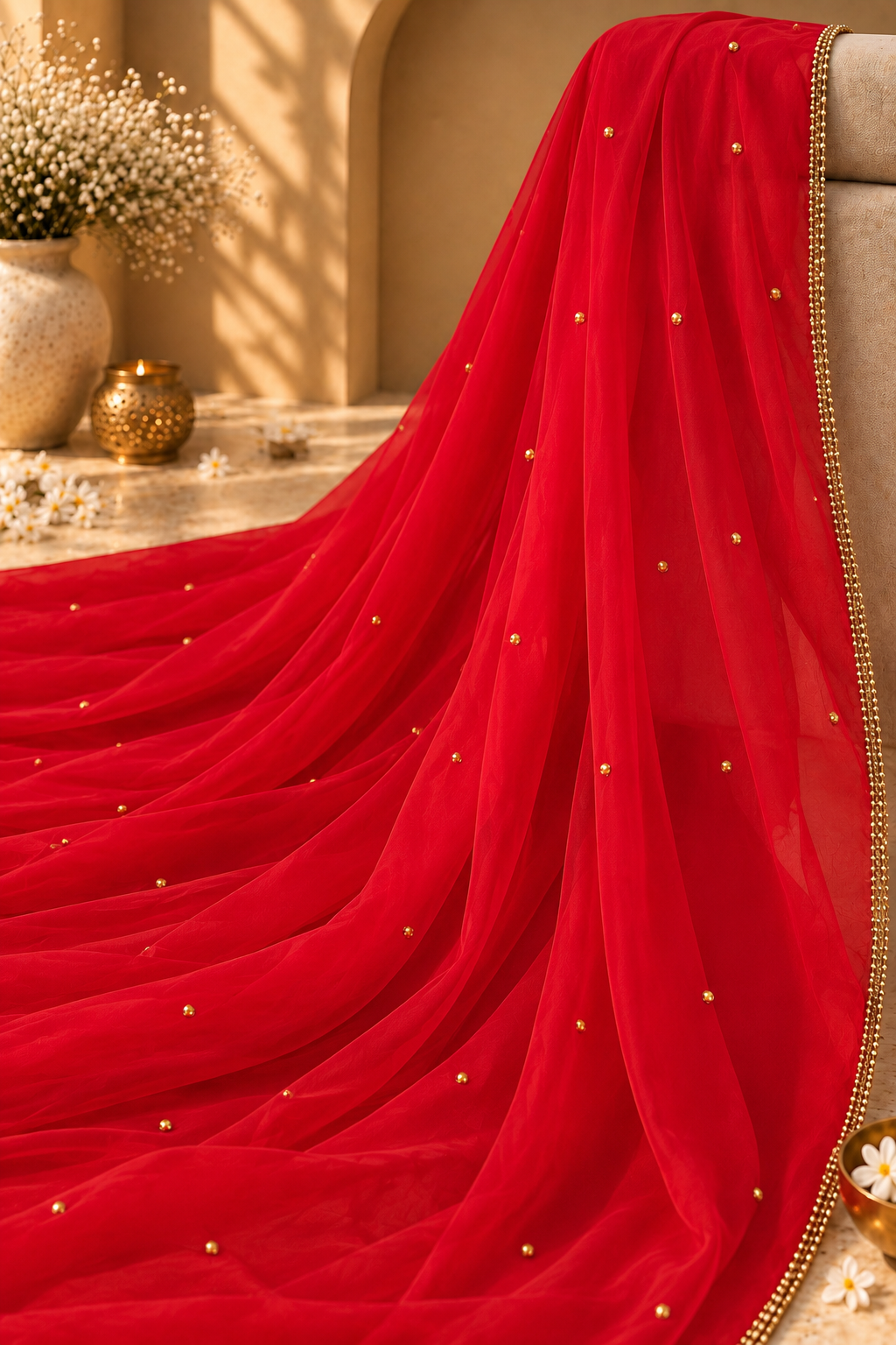 Voile perlée rouge élégance
